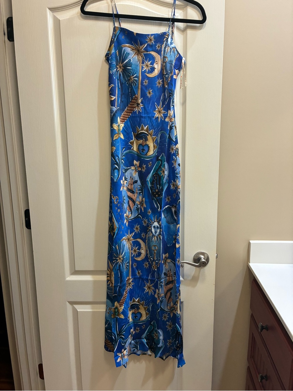 FARM Rio Blue Celestial Slip Maxi Dress with Gold Accents